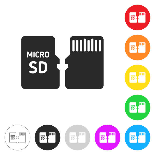 ilustrações de stock, clip art, desenhos animados e ícones de micro sd card - front and back view. icon on colorful buttons - memories memory card technology storage compartment