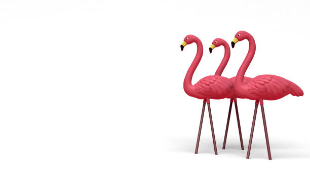3D Illustration of a Flock of Plastic Pink Flamingos Tropical Yard Ornament Isolated on Pink Background stock photo