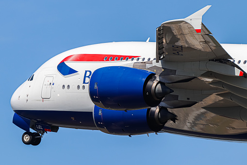 London Heathrow Airport, United Kingdom - 14 May, 2022: British Airways Airbus A380 (G-XLEL) departing for Boston, United States.