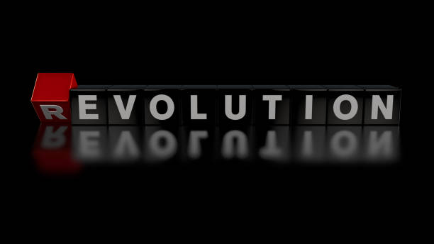 Realistic 3D Dice Revolution Evolution Concept on Shiny Black Background with Reflection of Words stock photo