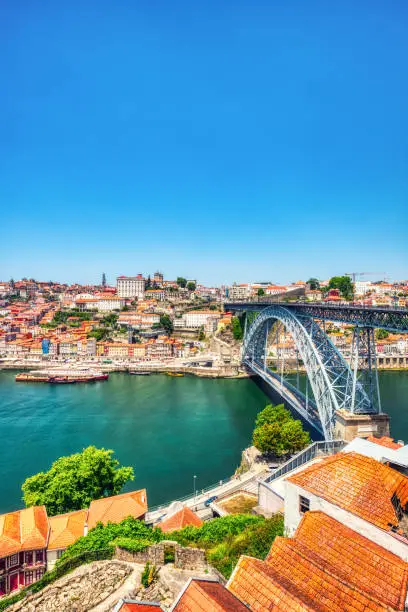 Photo of Porto Aerial Cityscape with Luis I Bridge and Douro River during a Sunny Day