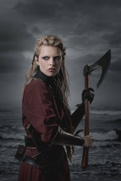 istock Russian viking warrior queen at a dark seascape 1399257094