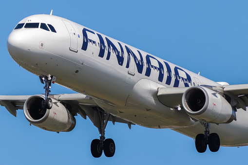 London Heathrow Airport, United Kingdom - 14 May, 2022: Finnair Airbus A321 (OH-LZT operating for British Airways) arriving from Faro, Portugal.