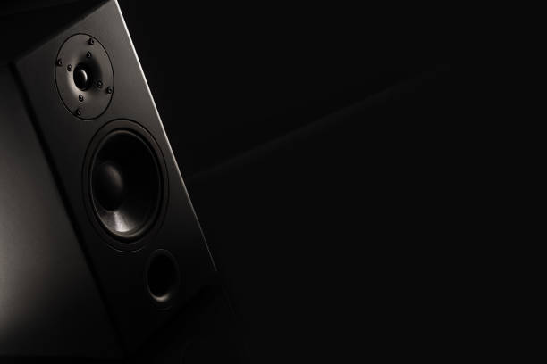 istock Stereo sound speakers closeup on black background with copy space 1399261365