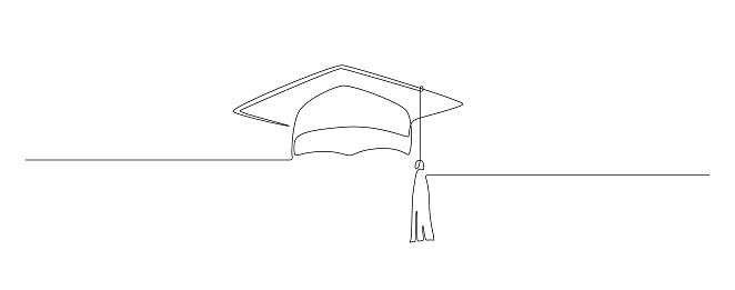 One continuous line drawing of graduation hat. Studying thin symbol or logo in simple linear style. Concept of student of university college and school. Editable stroke. Doodle vector illustration.