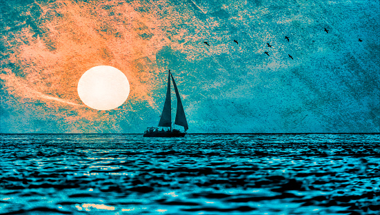 A Sailboat Silhouetted Against A Colorful Evening Sky In Illustration Painting Format