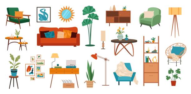 Set of home furniture and interior decor Set of home furniture and interior decor. Soft sofa, armchairs, coffee tables and shelves. Paintings and house plants for living room. Cartoon flat vector collection isolated on white background Furniture stock illustrations