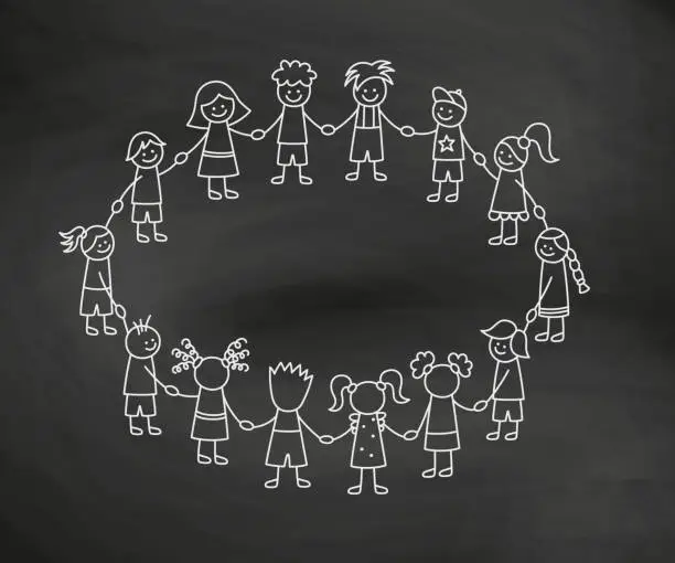 Vector illustration of Happy doodle stick children holding hands. Hand drawn funny kids in circle. International friendship concept. Doodle children community. Vector linear illustration on school blackboard background