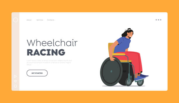 휠체어 레이싱 랜딩 페이지 템플릿. 패럴림픽 선수 경주, 마라톤 대회 중 휠체어를 타는 여자 - physical impairment athlete sports race wheelchair stock illustrations