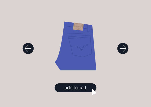 Add to cart button, an online clothing store web site, a pair of jeans on sale Add to cart button, an online clothing store web site, a pair of jeans on sale london fashion stock illustrations