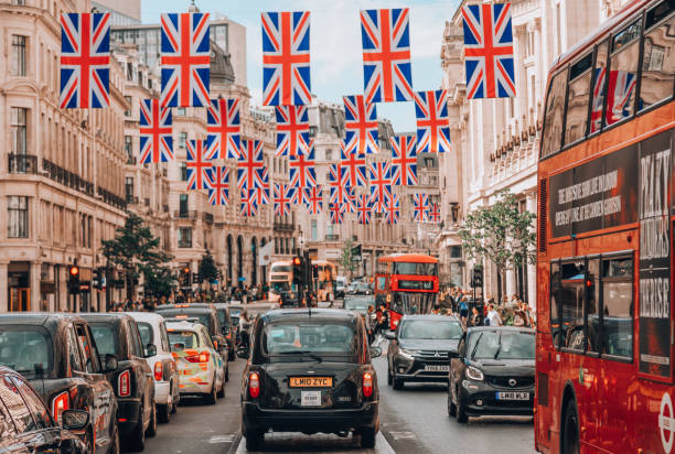 Regent Street Dressed in its Patriotic Best Union Jacks in London, UK stock photo