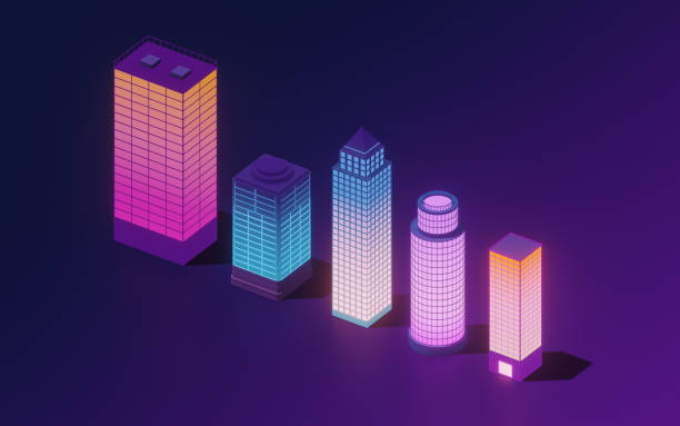 istock Downtown city, neon glowing building, 3d rendering. 1399280952