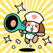 istock A cute dog nurse is holding a megaphone and running toward the camera 1399285265