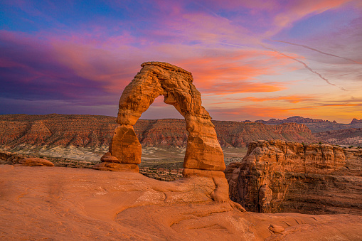 Delicate Arch at Sunset in Arches National Park, Utah.