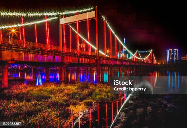 Red Lights Jiangqun Bridge Night Fuxin Liaoning China Stock Photo - Download Image Now
