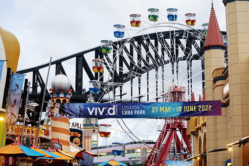 Sydney, Australia, May 22,2022 - Sydney Amusement park with Vivid Sydney banner