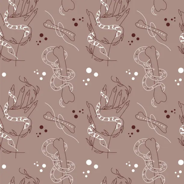 Vector illustration of Vector seamless pattern with Hand and Snake. Bone. Mysticism. Wildlife. Hand drawn illustration. The print is used for Wallpaper, fabric, textile.