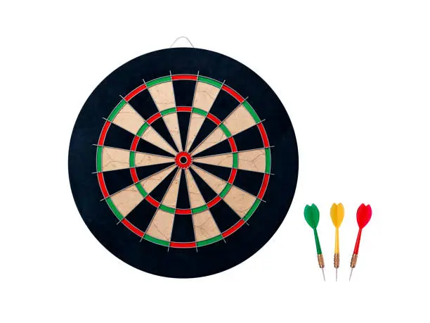 Photo of Darts with dartboard on white background. top view