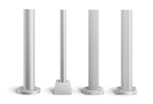 Isolated steel metal poles, pillars, pipes Isolated steel metal poles and pillars. Realistic vector pipes on stands, 3d elements of sign post, street billboard or construction columns, iron, silver or aluminum pole mockup aluminum sign mockup stock illustrations