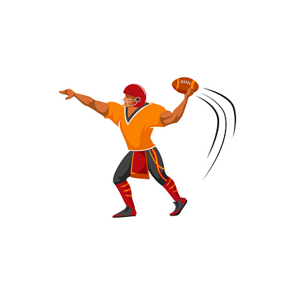 Quarterback kicker running back, american football player isolated vector character. American football sport team game player in helmet with ball in action position, college or varsity league