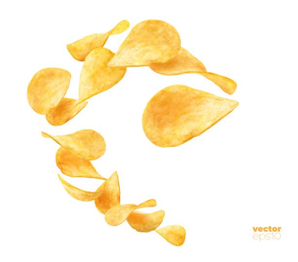 Wave splash of wavy potato chips, flying snacks Wave splash of wavy potato chips, isolated flying snacks. 3d vector crispy falling fastfood pieces swirl, realistic crunchy snack in motion. Delicious fast food advertising, crisp meal promo computer chip stock illustrations