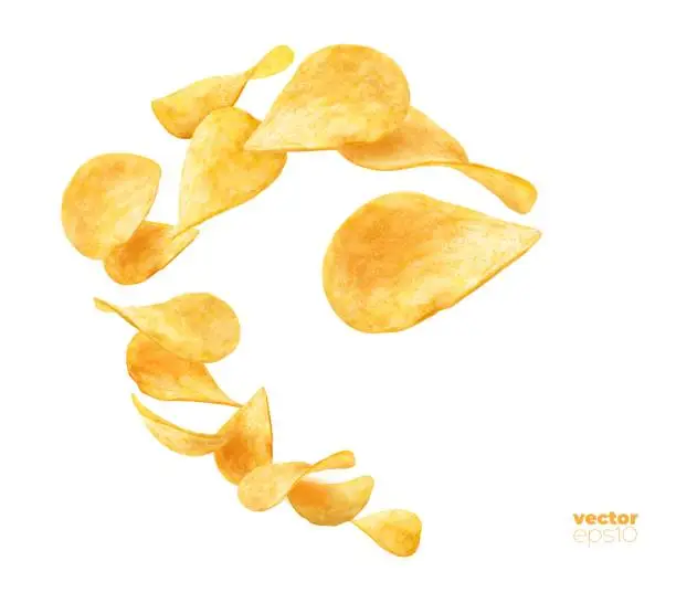 Vector illustration of Wave splash of wavy potato chips, flying snacks