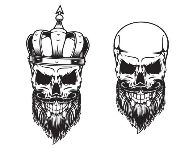 Vector illustration of Bearded skull in crown, dead king skeleton tattoo