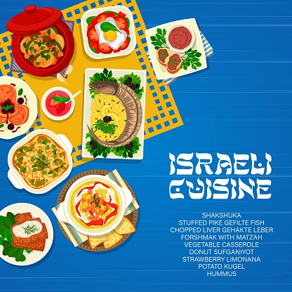 Israeli cuisine menu cover, Israel Jewish food dishes and meals, vector. Israeli cuisine food, traditional forshmak and matzah, gefilte fish with vegetable casserole and chopped liver or gehakte leber