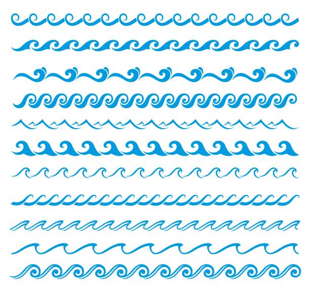 Sea or ocean wave line, blue water borders, frames Sea and ocean surf wave line, blue water borders. Vector dividers with wavy pattern of summer beach waves, tide swirls and curves, river ripples and squiggly lines, embellishment water divide stock illustrations