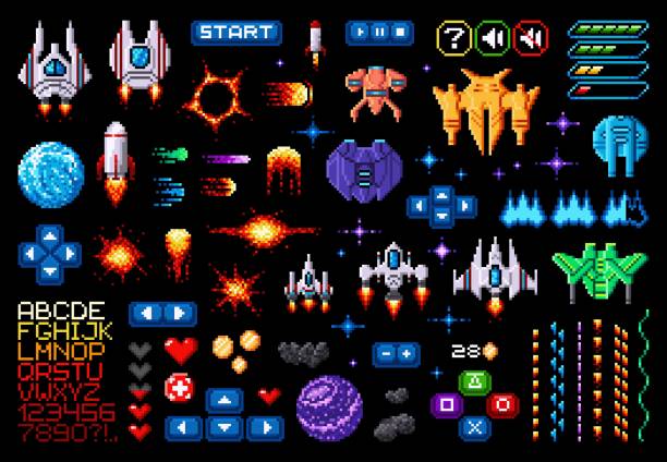 ilustraciones, imágenes clip art, dibujos animados e iconos de stock de activo de juego espacial 8bit pixel art planetas galaxia - asteroide