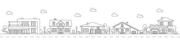 이웃 라인 아트 도시 풍경, 도시 도시 거리 - house real estate residential structure townhouse stock illustrations