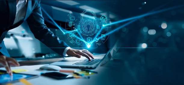 Cyber security network. Padlock icon and internet technology networking. Businessman protecting data personal information on laptop. Internet network security and data protection privacy. GDPR. EU. red de ciberseguridad. icono de candado y redes de tecnología de internet. empresario que protege la información personal de los datos en la computadora portátil. seguridad de la red de internet y privacidad de protección de datos. rgpd. ue.