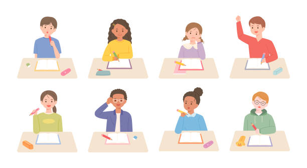 Back to school Cute children are studying with books open on the desk. flat design style vector illustration. student desk stock illustrations