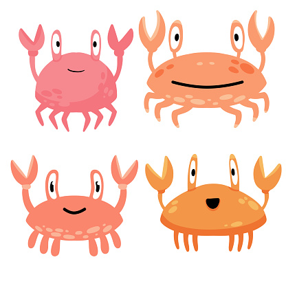 Funny crab. Pink seashell with claws. Cute children drawing. Set of Flat cartoon illustration.