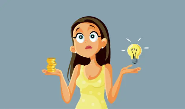 Vector illustration of Stressed Woman Worried about Energy Bill Vector Cartoon Illustration