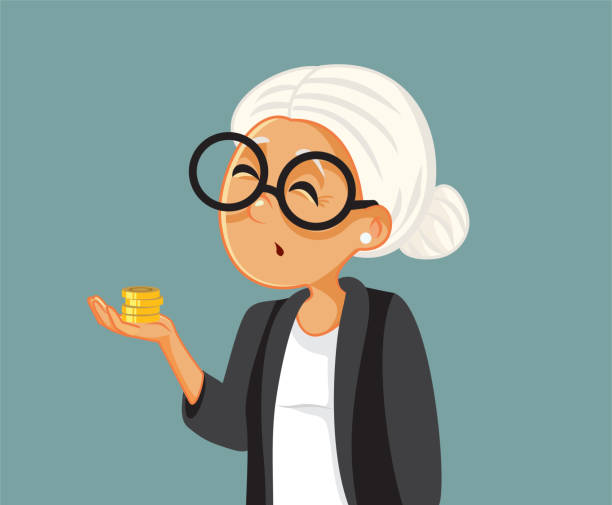 Old Woman Worried about Money Vector Cartoon illustration Elderly granny being in debt after speeding all her savings and pension money insufficient funds stock illustrations