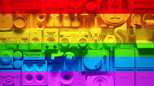 rainbow pride vibrant lgbtq musical wall equipment instrument production wall - radio gramophone imagens e fotografias de stock