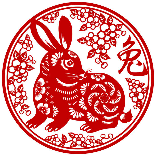 New Year Rabbit Paperart To celebrate the Chinese New Year with red paper art of Chinese frame in the Year of the Rabbit 2023 according to Chinese zodiac system chinese language stock illustrations