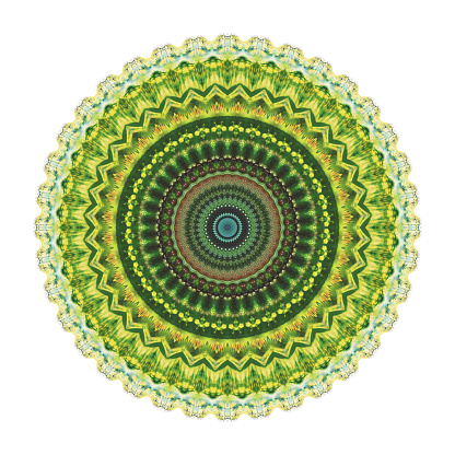 Isolated on white green and yellow watercolor painted round kaleidoscopic emblem. Fine abstract multicolor symmetric circle painting. Artistic multicolored watercolour drawn mandala.