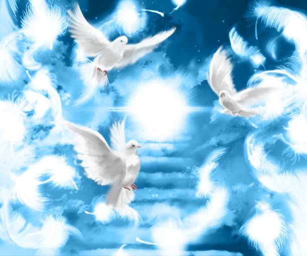 istock The flying three white doves around clouds stairs leading to shining heaven and the background of the clouds in beautiful blue sky 1399310776