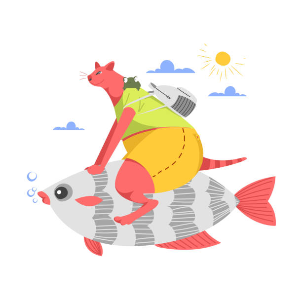 kot na rybie zabawny obraz wektorowy kota i ryby. . zwierzę - frog water isolated drop stock illustrations