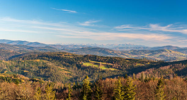 Nearer hills of Beskid mountains and Tatra mountains on the background from Cieslar hill in Beskid Slaski mountains on polish - czech borders stock photo