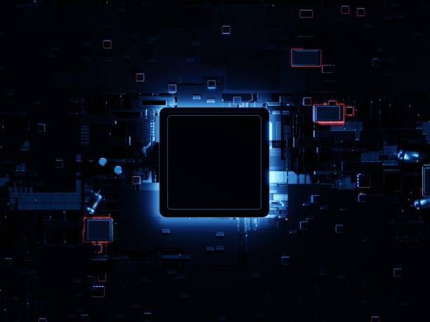 Top down view of a futuristic CPU on a motherboard