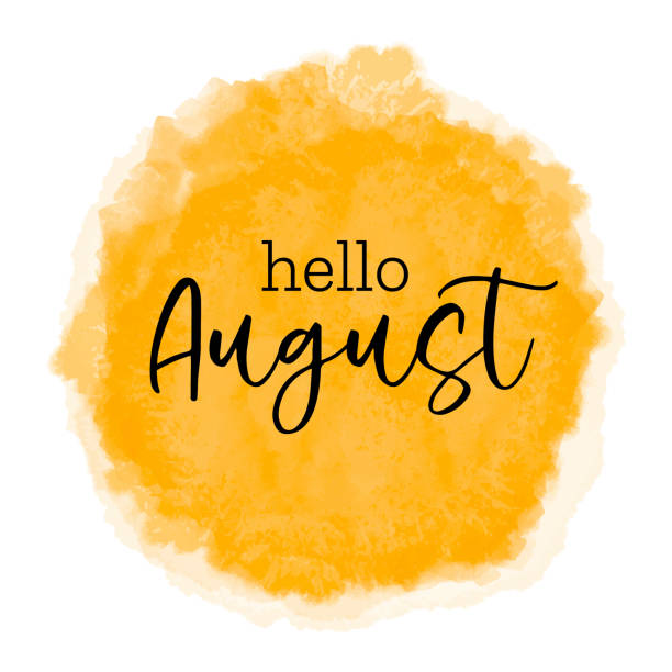 Hello August - greeting card for beginning of summer, welcoming poster design. Vector illustration with watercolor textured yellow sunset sun spot, orange yellow sky background. banner, poster, greeting card design template. Hello August - greeting card for beginning of summer, welcoming poster design. Vector illustration with watercolor textured yellow sunset sun spot, orange yellow sky background. banner, poster, greeting card design template august stock illustrations