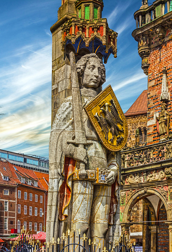Bremen Market square, Germany. Knight Roland statue on Marktplatz.