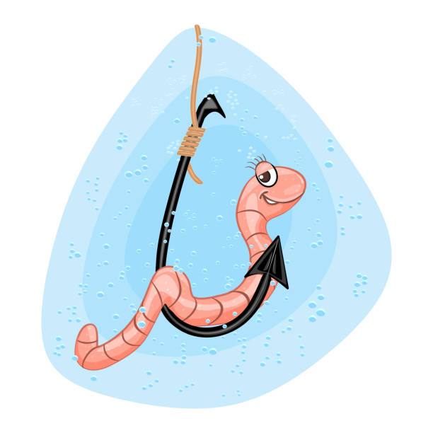 regenwurm am haken isoliert auf weißem hintergrund. cartoon regenwurm, angelhaken, wasser und blasen. - fishing worm stock-grafiken, -clipart, -cartoons und -symbole