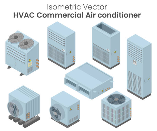 ilustrações de stock, clip art, desenhos animados e ícones de isometric vector air conditioners - condenser