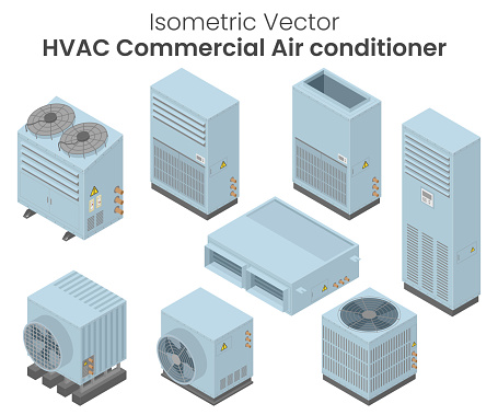 Isometric vector of air conditioners condensing unit, Chiller, VRF units, air conditioners for commercial or factory, HVAC