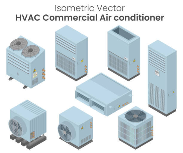 Isometric vector Air conditioners Isometric vector of air conditioners condensing unit, Chiller, VRF units, air conditioners for commercial or factory, HVAC cooling tower stock illustrations