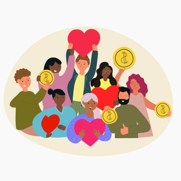 Group of people holding cash and hearts for charity and help Group of people holding cash and hearts for charity and help. Give and share your money. Contribution and donation. Flat design, vector illustration isolated on white background. beg alms stock illustrations